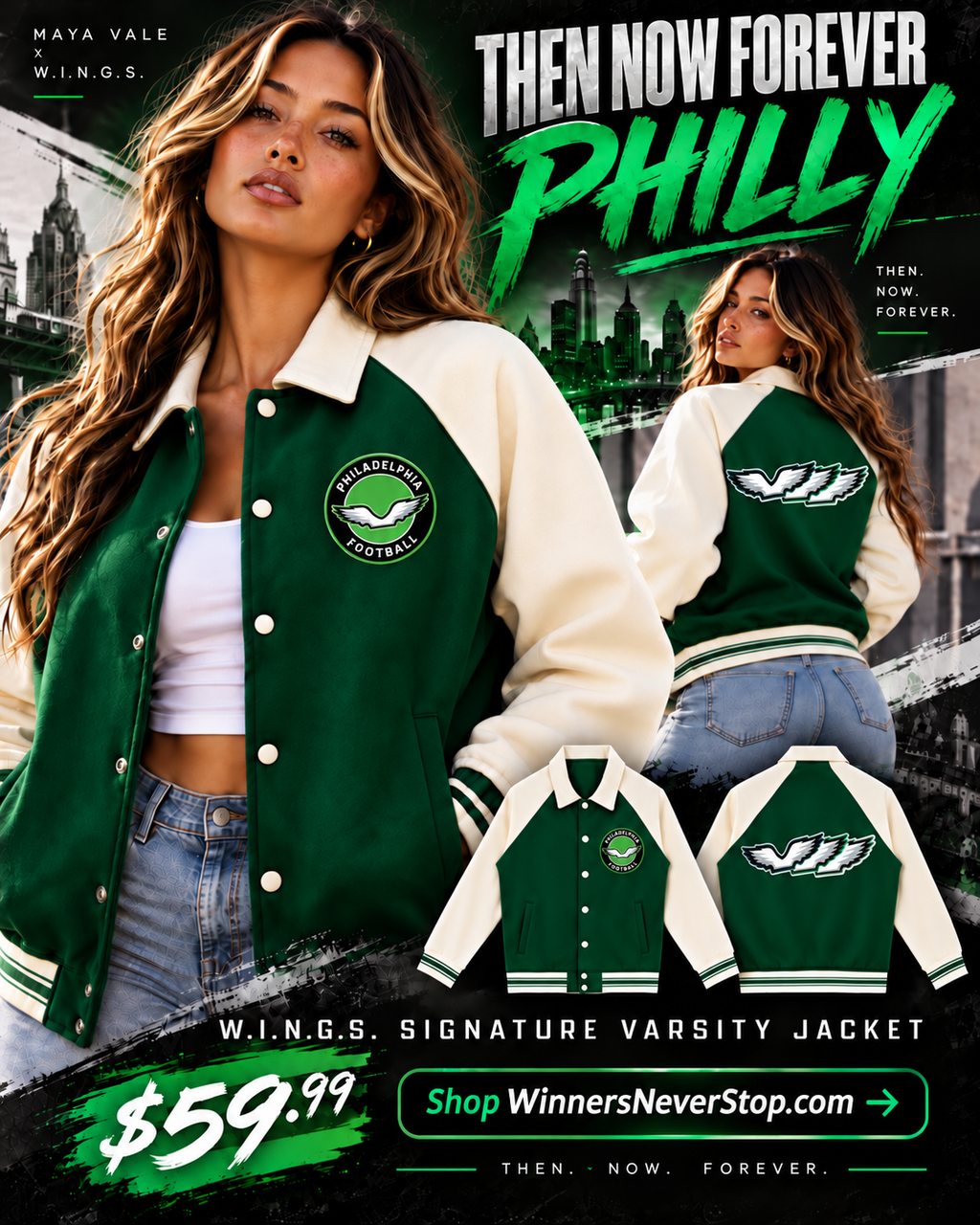 Maya Vale virtual AI model wearing the W.I.N.G.S. Then Now Forever Philly jacket — promotional image, $59.99.