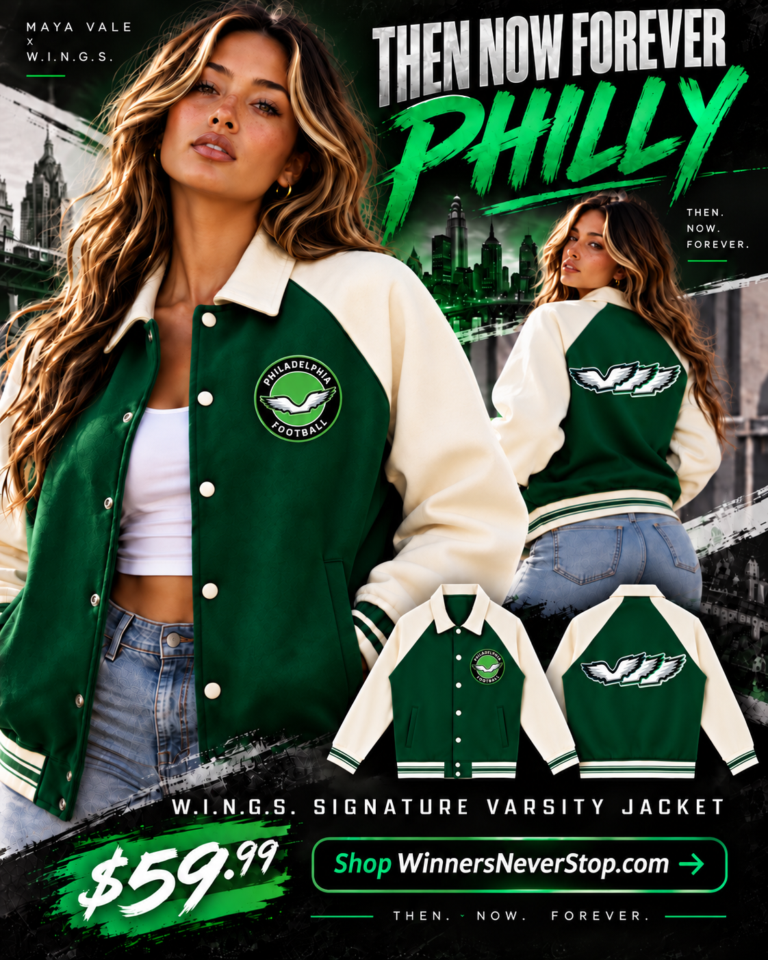 Maya Vale virtual AI model wearing the W.I.N.G.S. Then Now Forever Philly jacket — promotional image, $59.99.